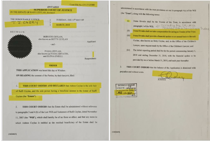 Court Order March 13 2018 · Justice T.J. Carey · Ashton declared sole heir · Court File CV-17-25300