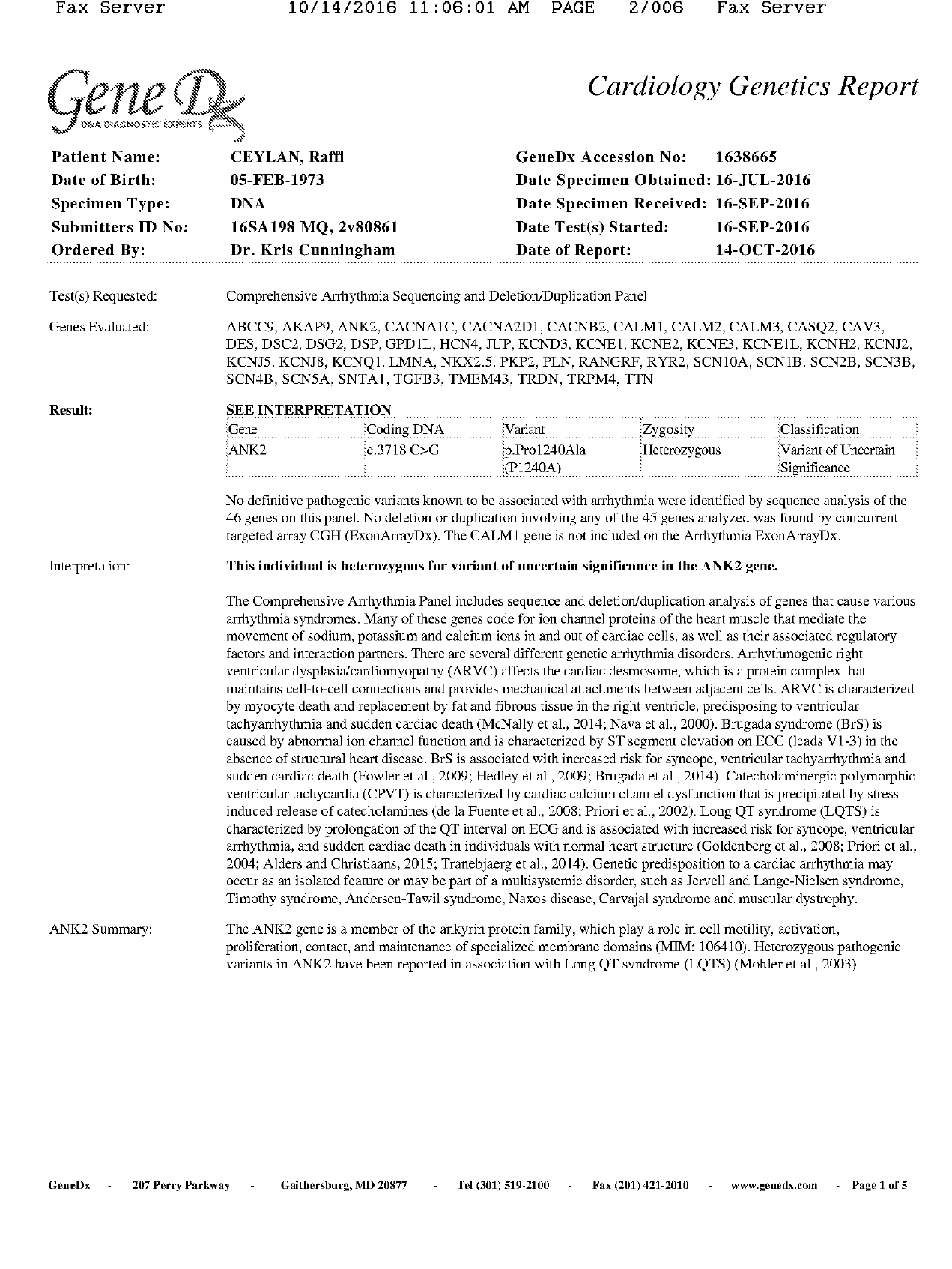 GeneDx Cardiology Genetics Report page 1 of 5 · Patient header · Result table · Interpretation