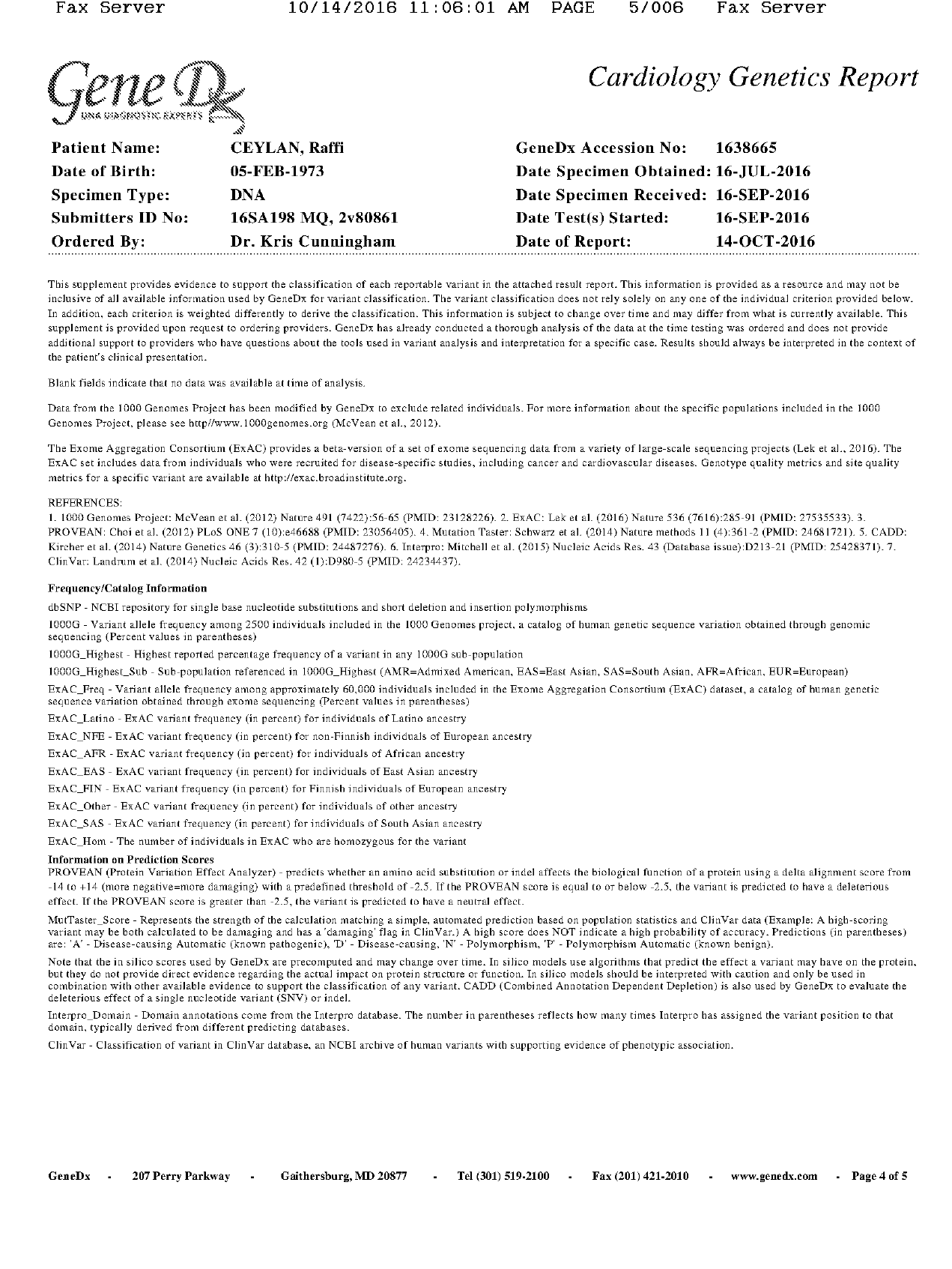GeneDx Cardiology Genetics Report page 4 of 5 · Frequency catalog and prediction scores methodology