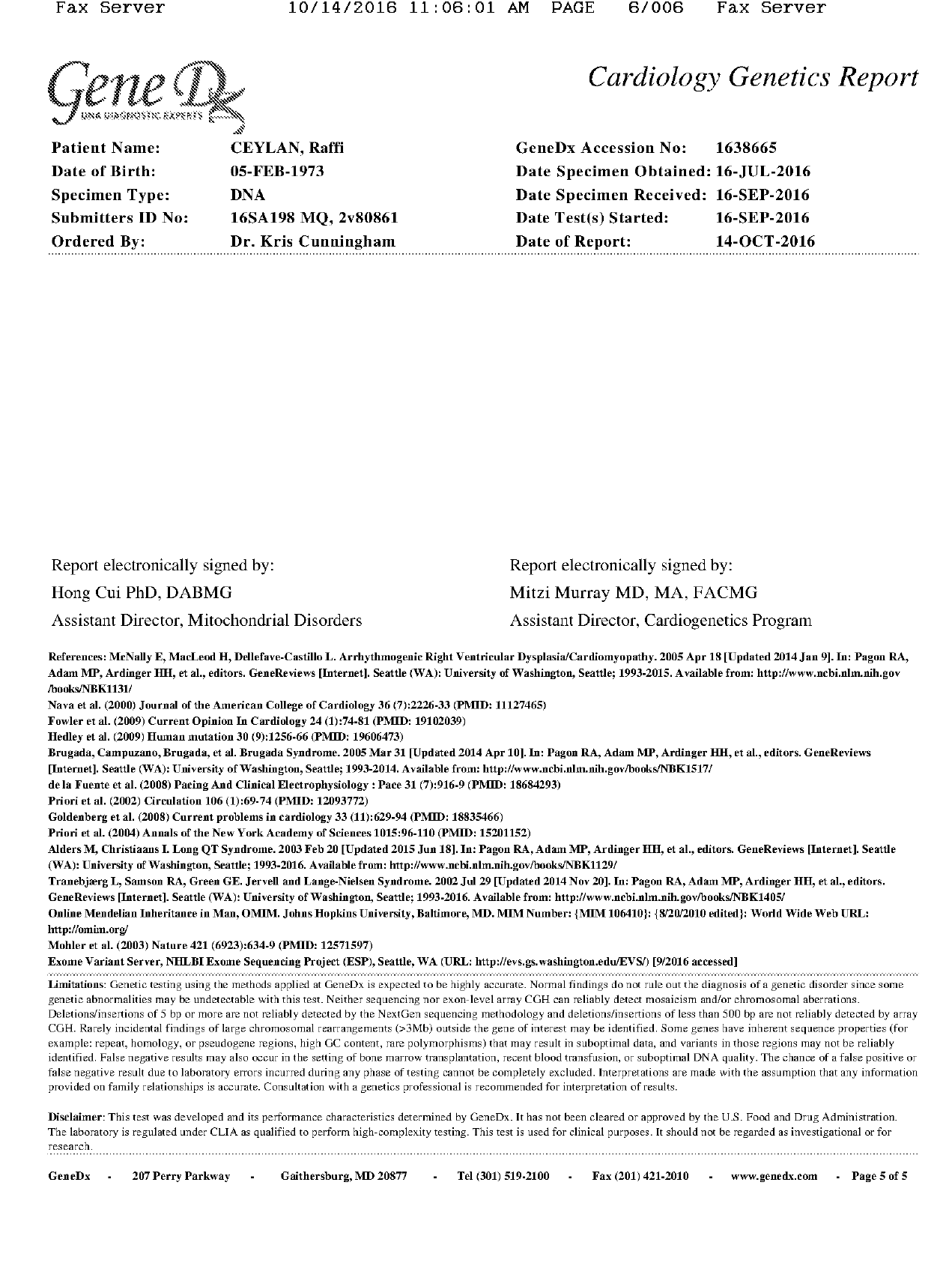 GeneDx Cardiology Genetics Report page 5 of 5 · Signatures and limitations