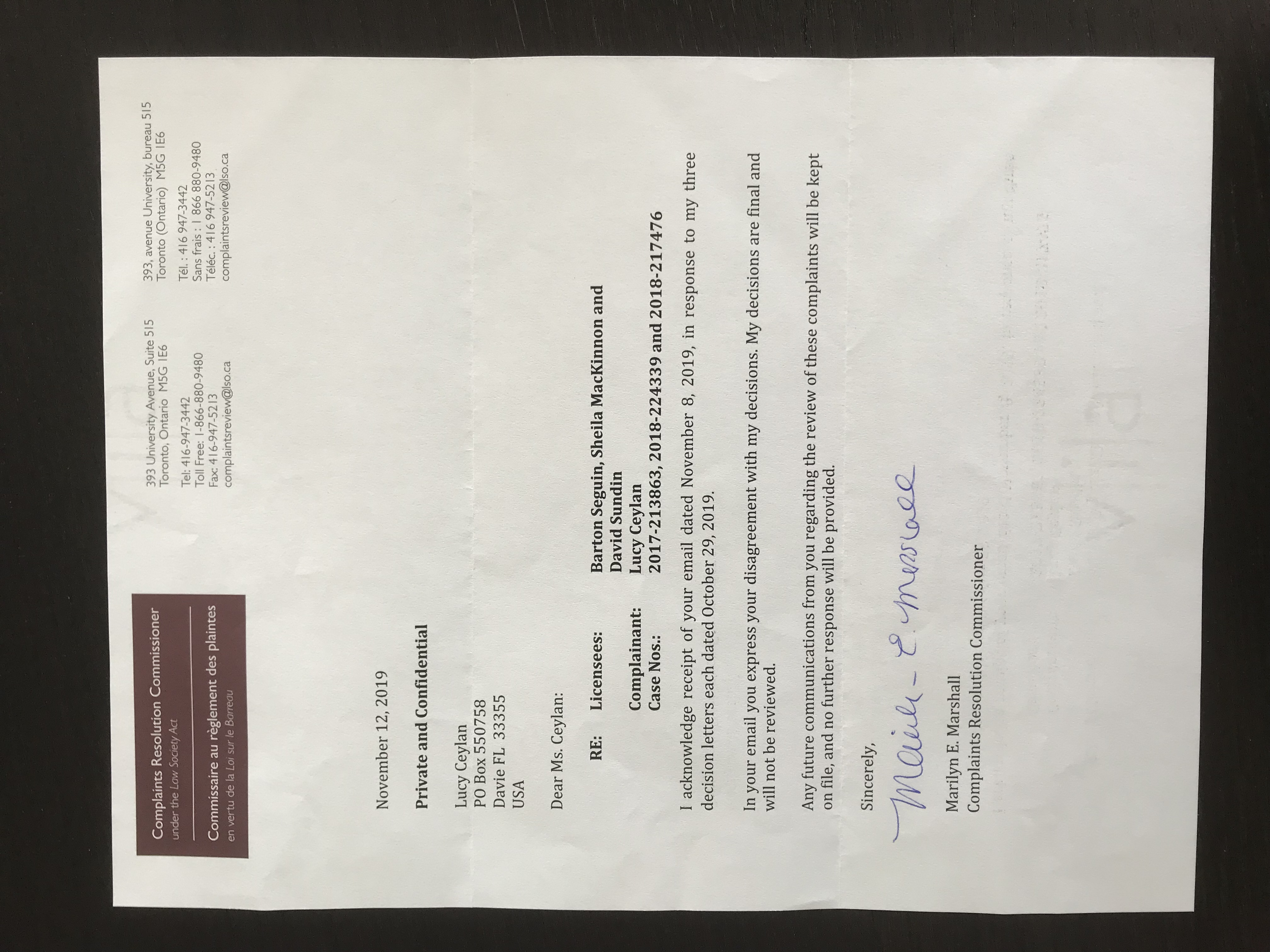 LSO Marshall dismissal letter November 12 2019