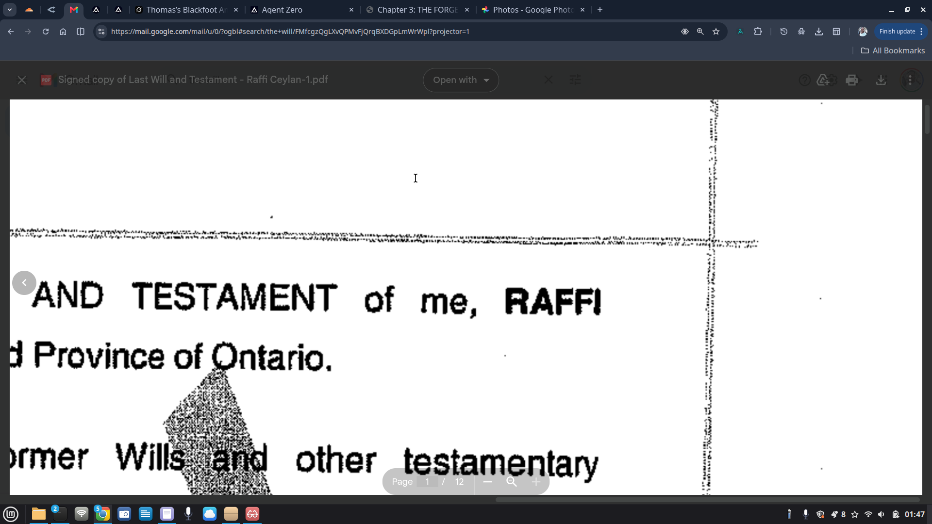 Tight zoom of page 1 title block — 'AND TESTAMENT of me, RAFFI' — letterform analysis at maximum visible resolution