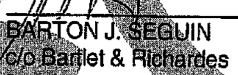Tight zoom of BARTON J. SEGUIN typed label and the c/o Bartlet & Richardes address line