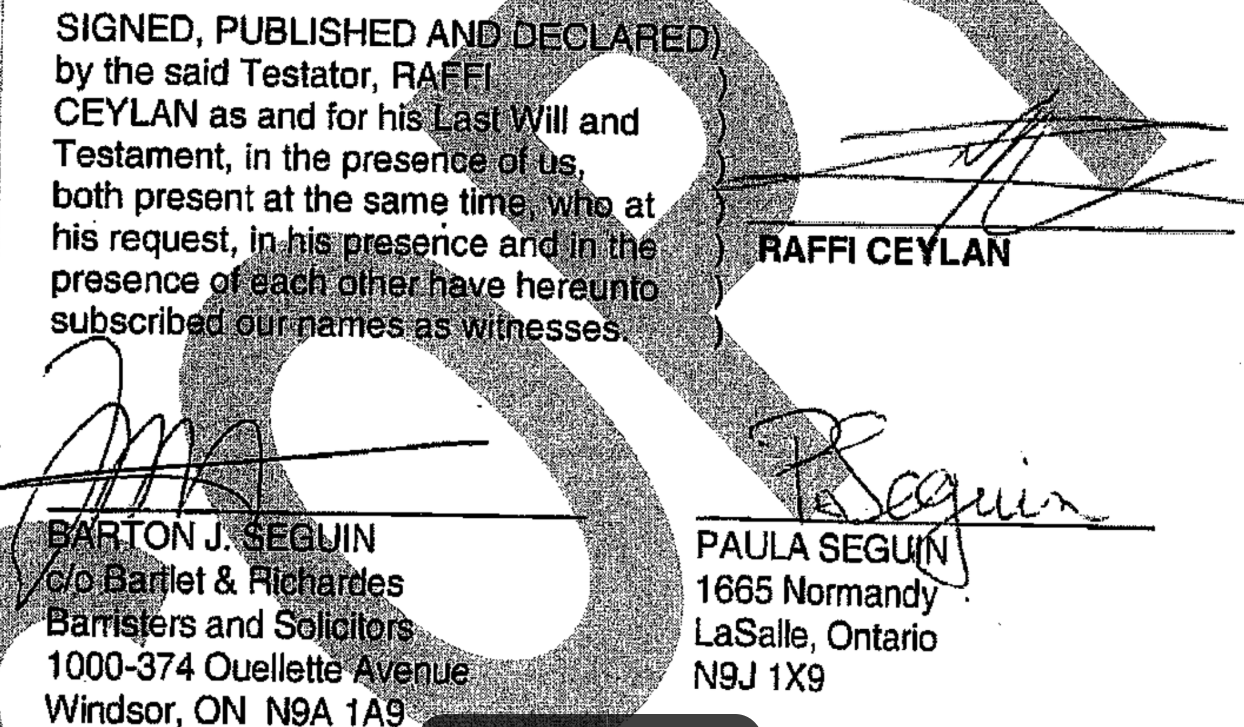 Page 12 full witness execution block — BARTON J. SEGUIN, RAFFI CEYLAN, PAULA SEGUIN typed name labels visible side by side for letterform-weight comparison